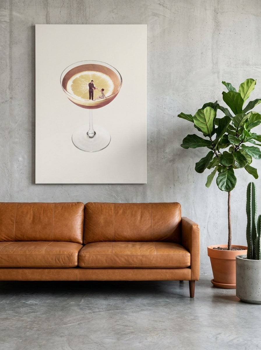 Stretched canvas wall art styled on the wall in an industrial loft living room