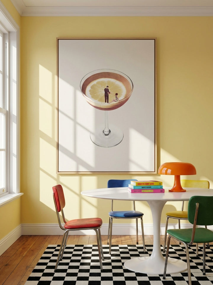 Oversized statement canvas wall art with a natural timber surround styled on the wall in a colourful eclectic dining room