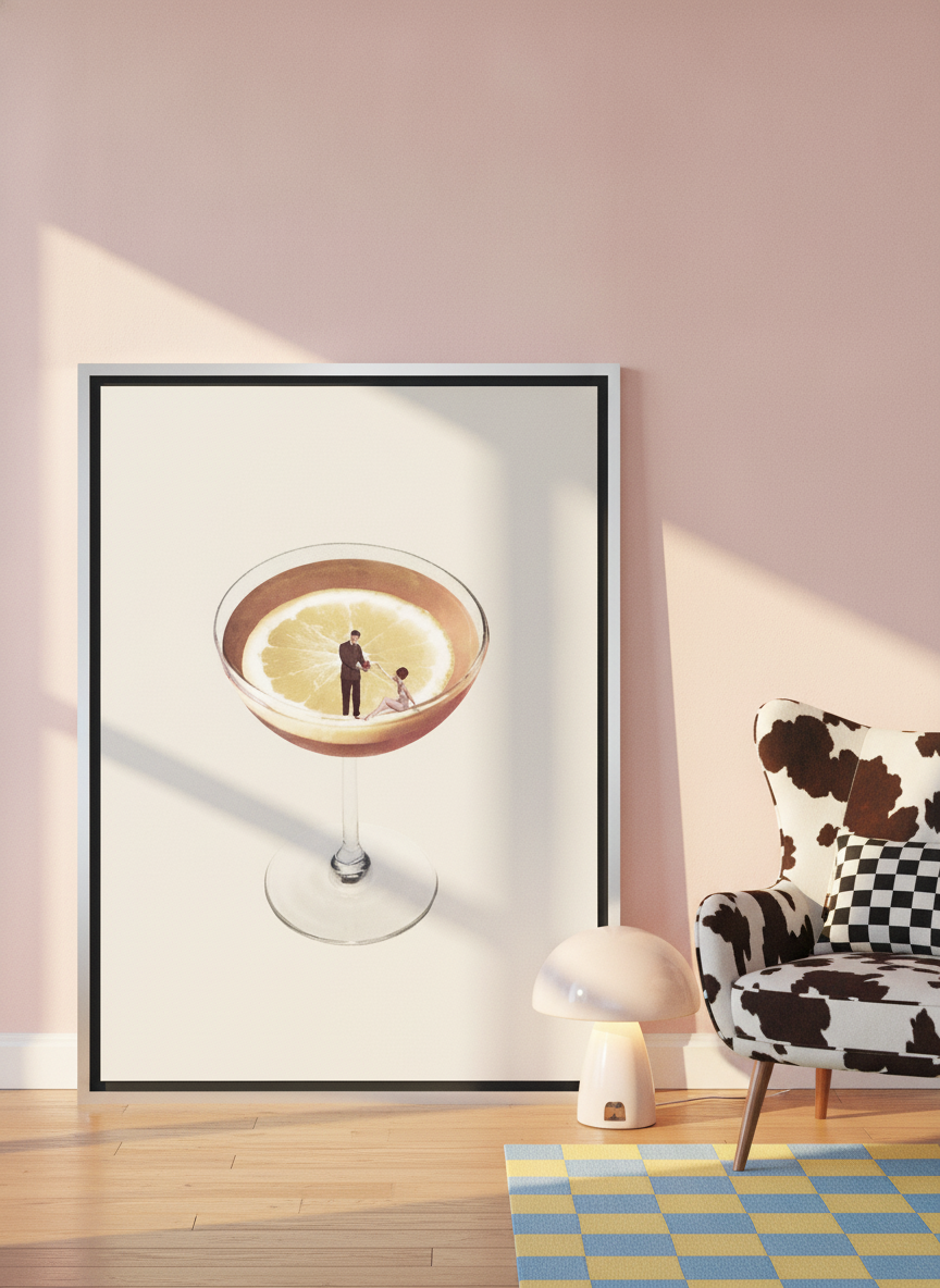 Canvas wall art with a silver leaf surround leaning against the wall in a colourful eclectic bedroom