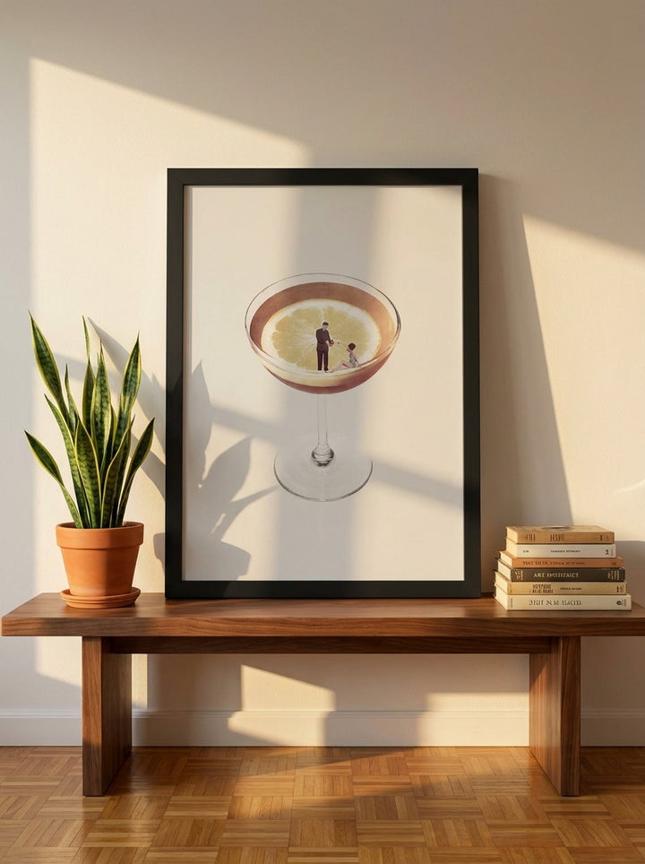 Modern wall art print standing on a kitchen bench in a mid-century kitchen