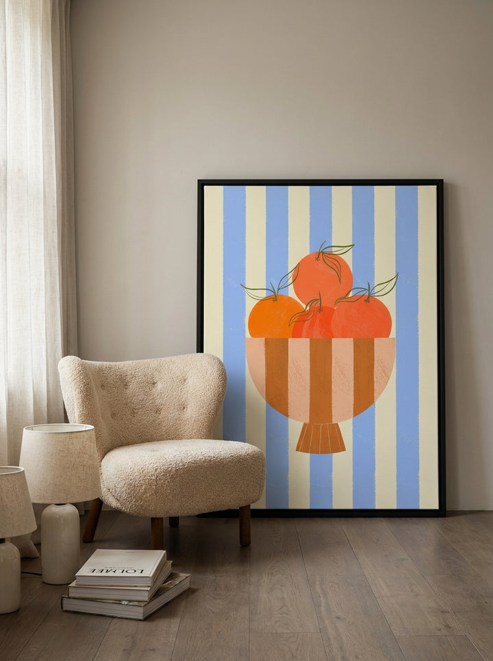 Canvas wall art with a black surround leaning against the wall in a luxe kitchen