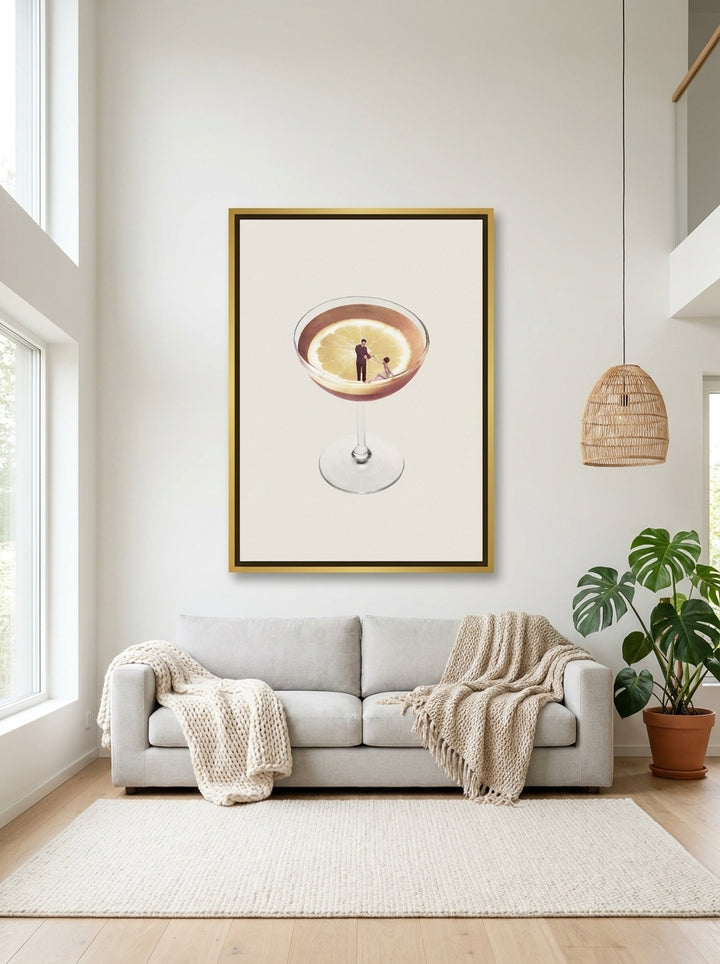 Oversized statement canvas wall art with a gold leaf surround styled on the wall in a bright Scandinavian living room