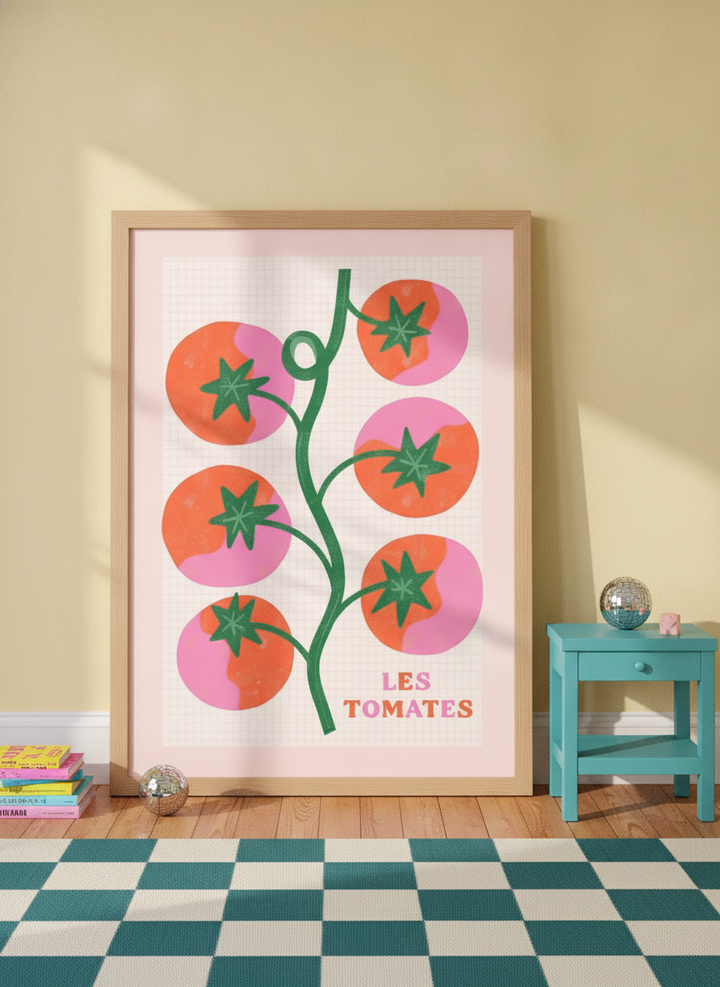 Oversized statement modern wall art print leaning against the wall in a colourful eclectic bedroom
