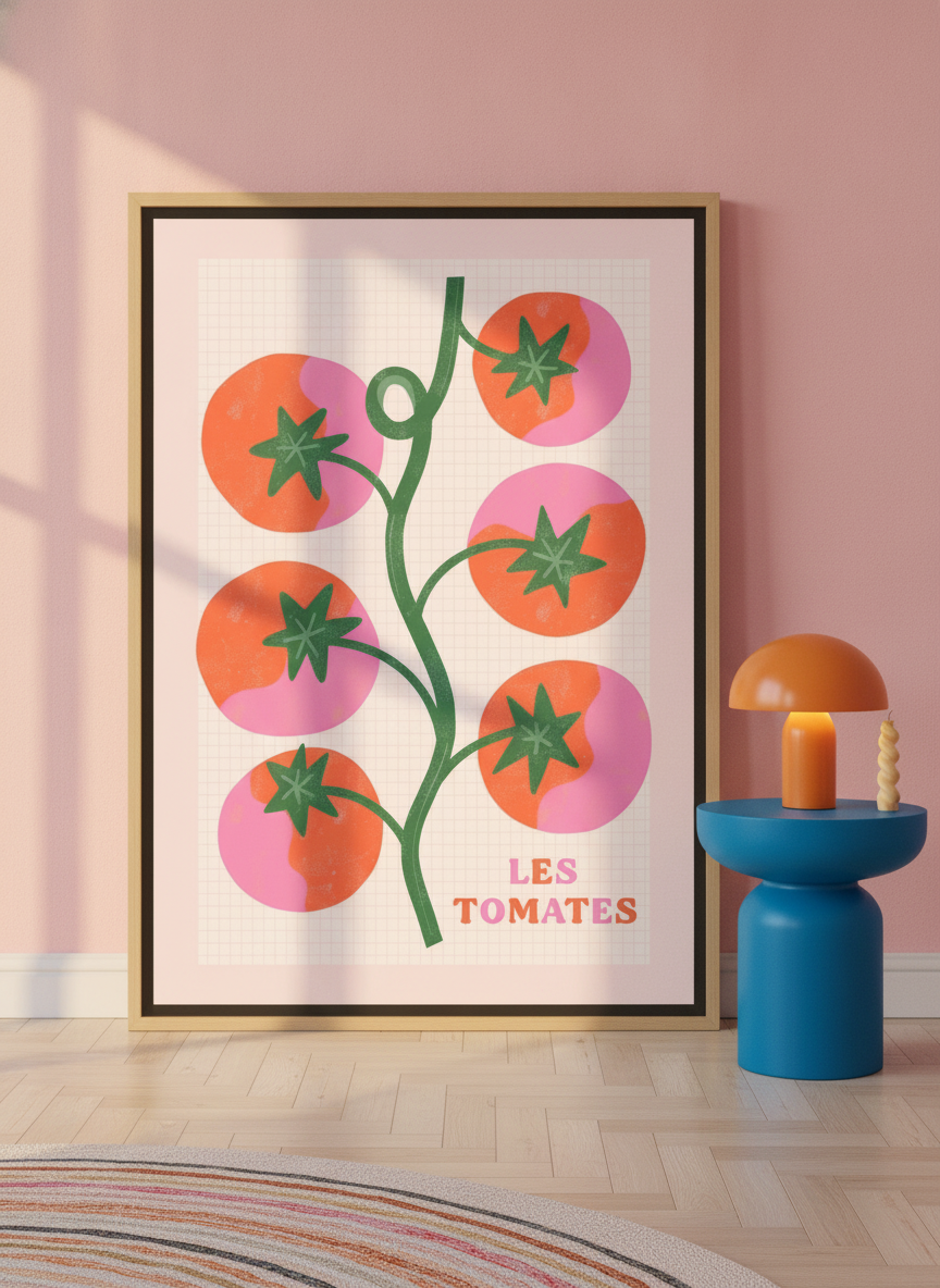 Oversized statement canvas wall art with a natural timber surround leaning against the wall in a colourful eclectic living room