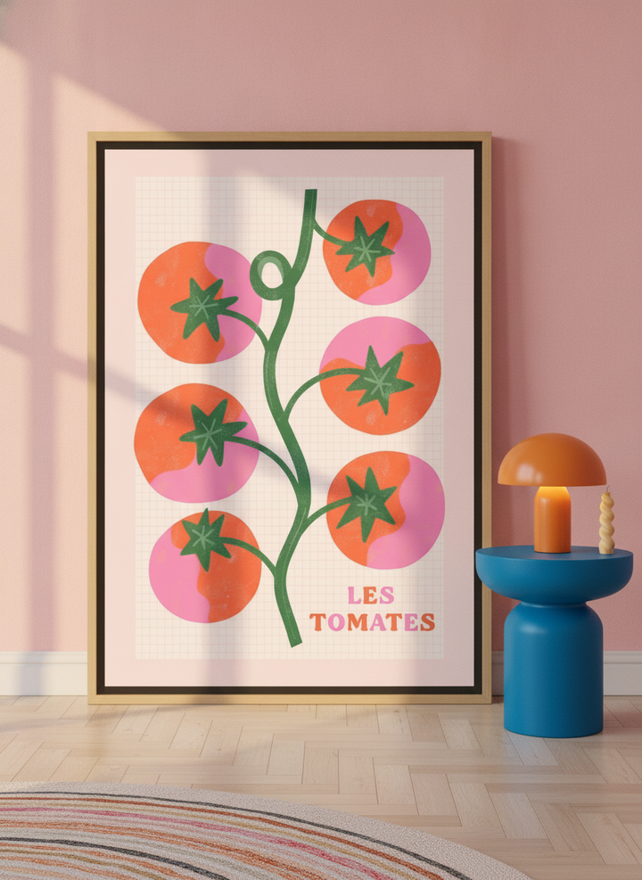Oversized statement canvas wall art with a natural timber surround leaning against the wall in a colourful eclectic living room