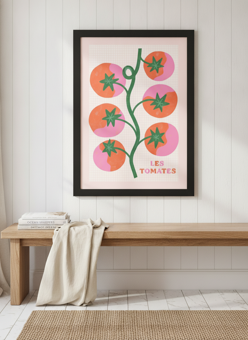 Modern wall art print standing on a kitchen bench in a coastal kitchen