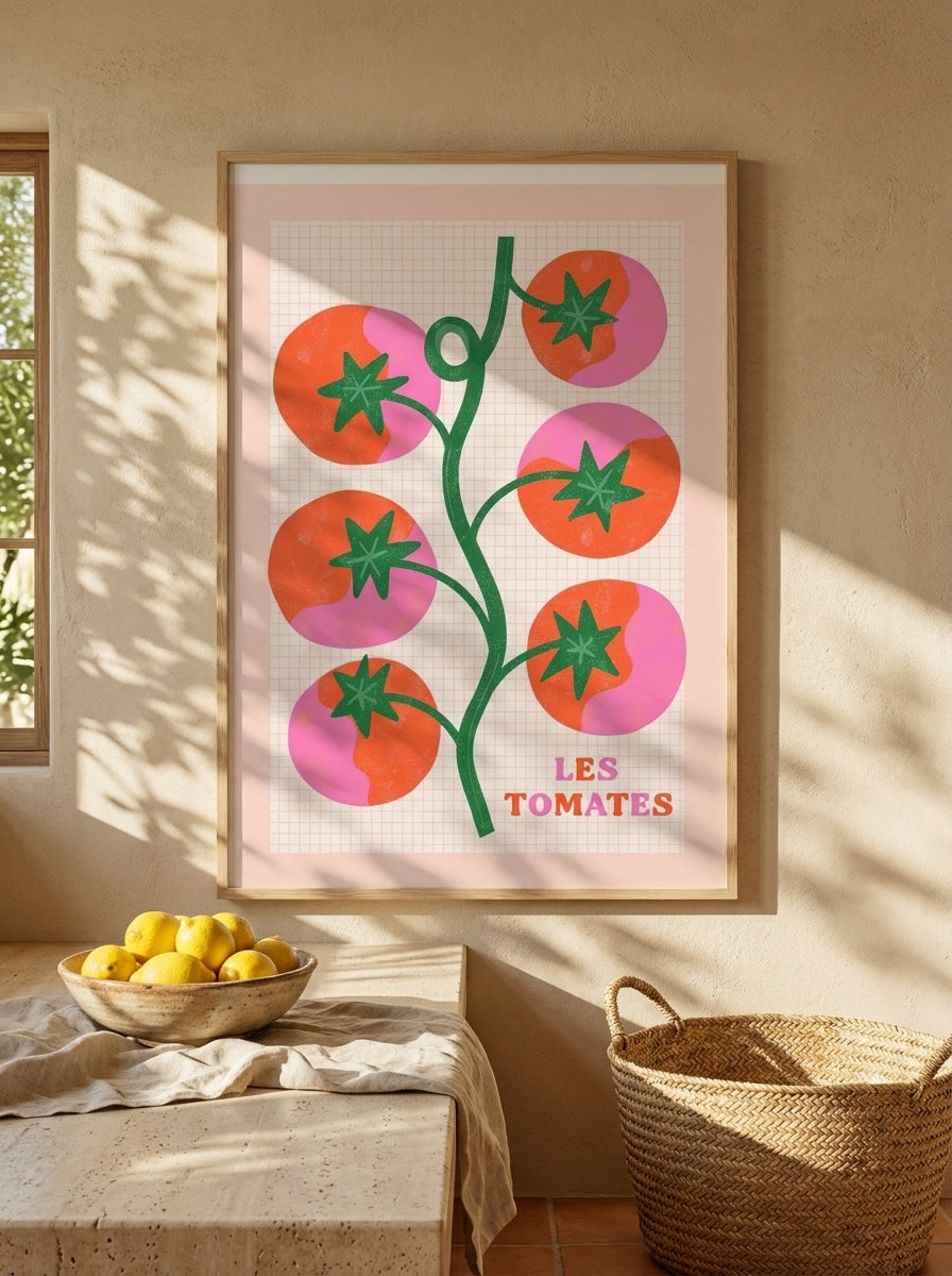 Modern wall art print styled on the wall in a Mediterranean kitchen