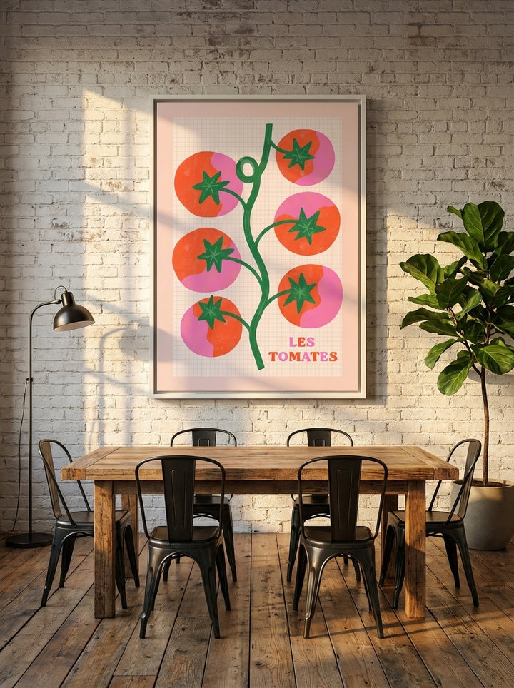 Oversized statement canvas wall art with a white surround styled on the wall in an industrial loft dining room