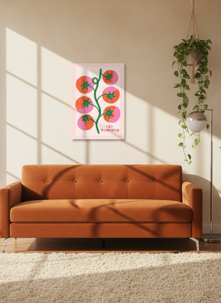 Stretched canvas wall art styled on the wall in a retro 70s living room
