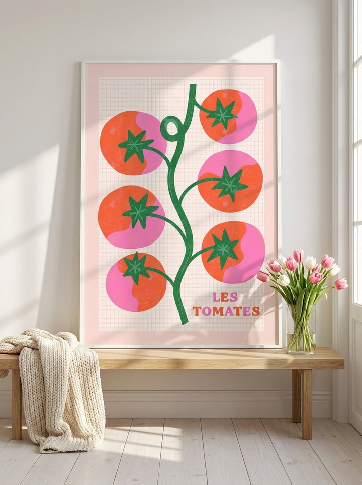Modern wall art print standing on a bench in a bright Scandinavian living room