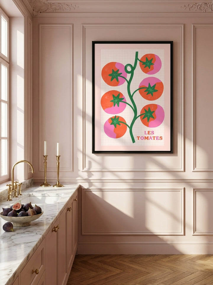Canvas wall art with a black surround styled on the wall in a Parisian kitchen