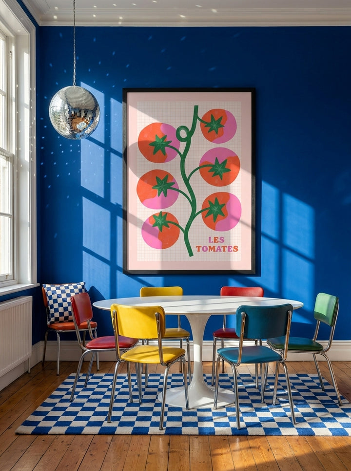 Oversized statement modern wall art print styled on the wall in a colourful eclectic dining room