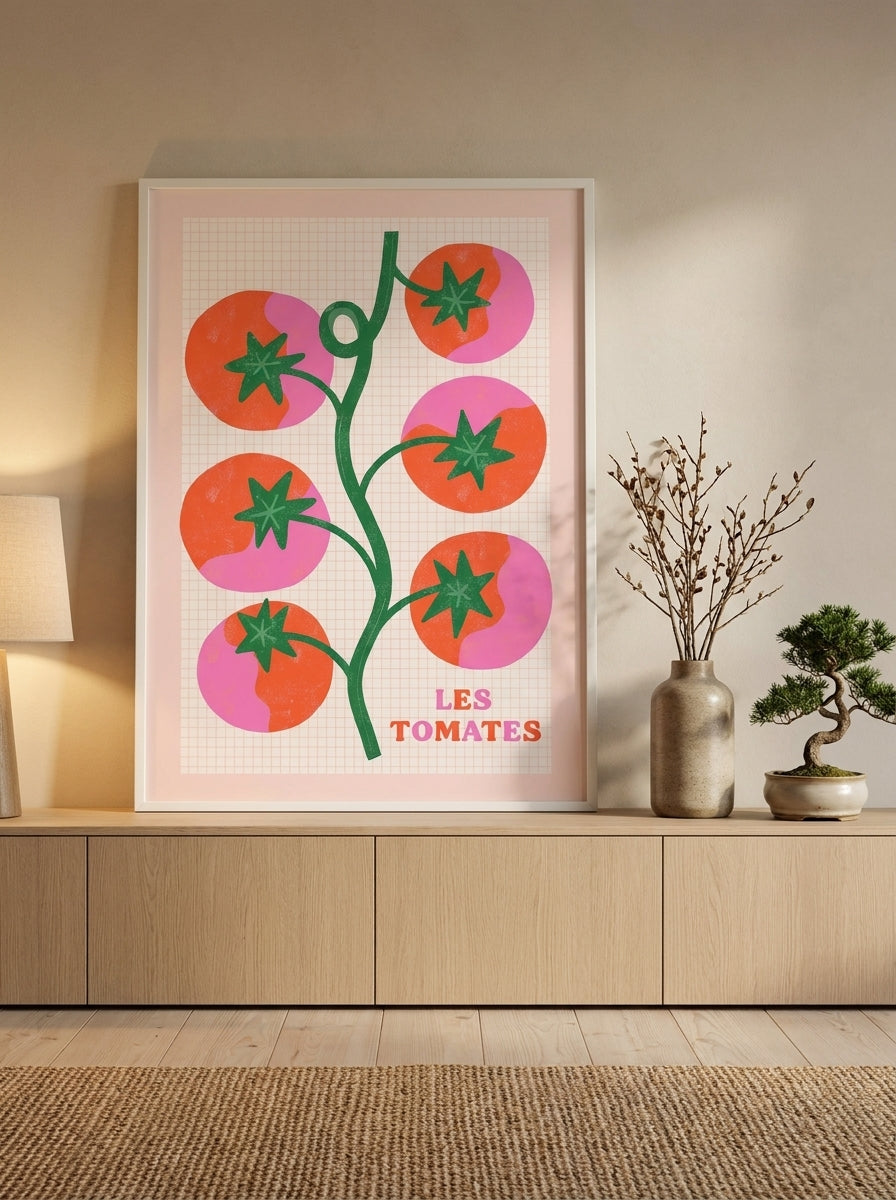 Modern wall art print standing on a sideboard in a warm Japandi dining room