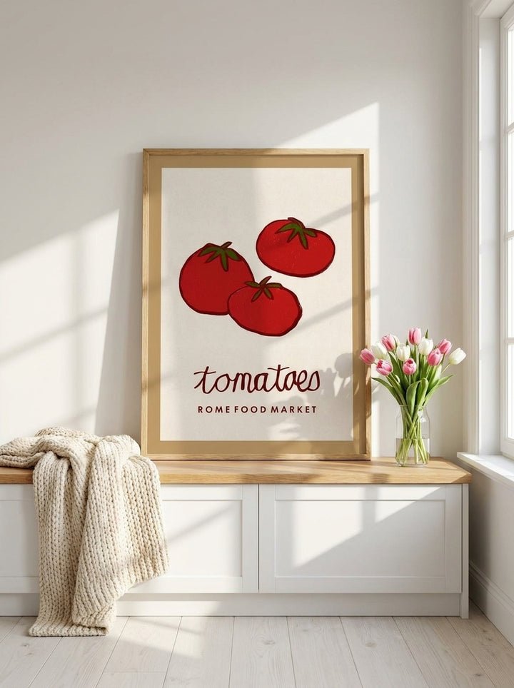 Modern wall art print standing on a kitchen bench in a bright Scandinavian kitchen