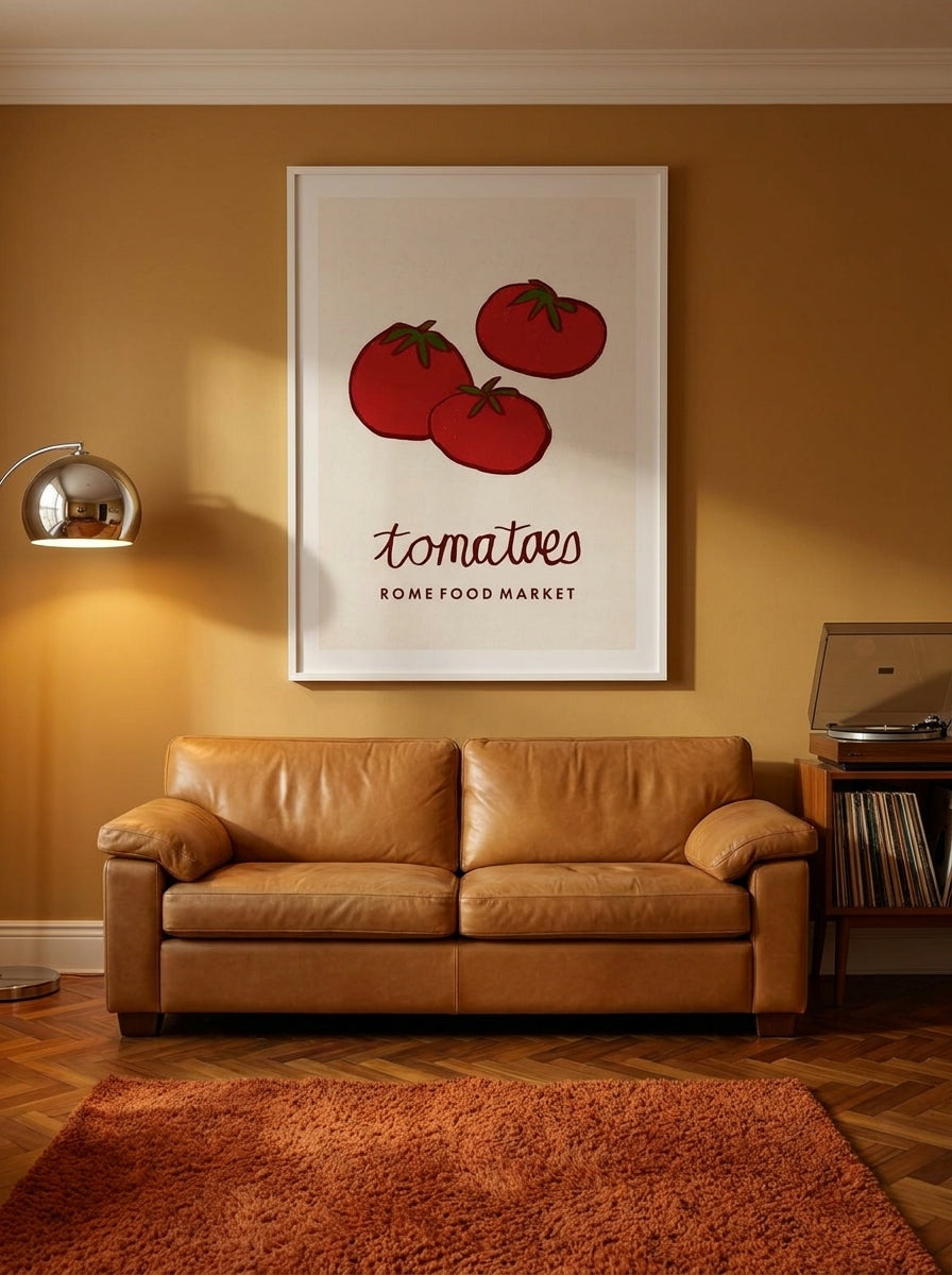Modern wall art print styled on the wall in a retro 70s living room