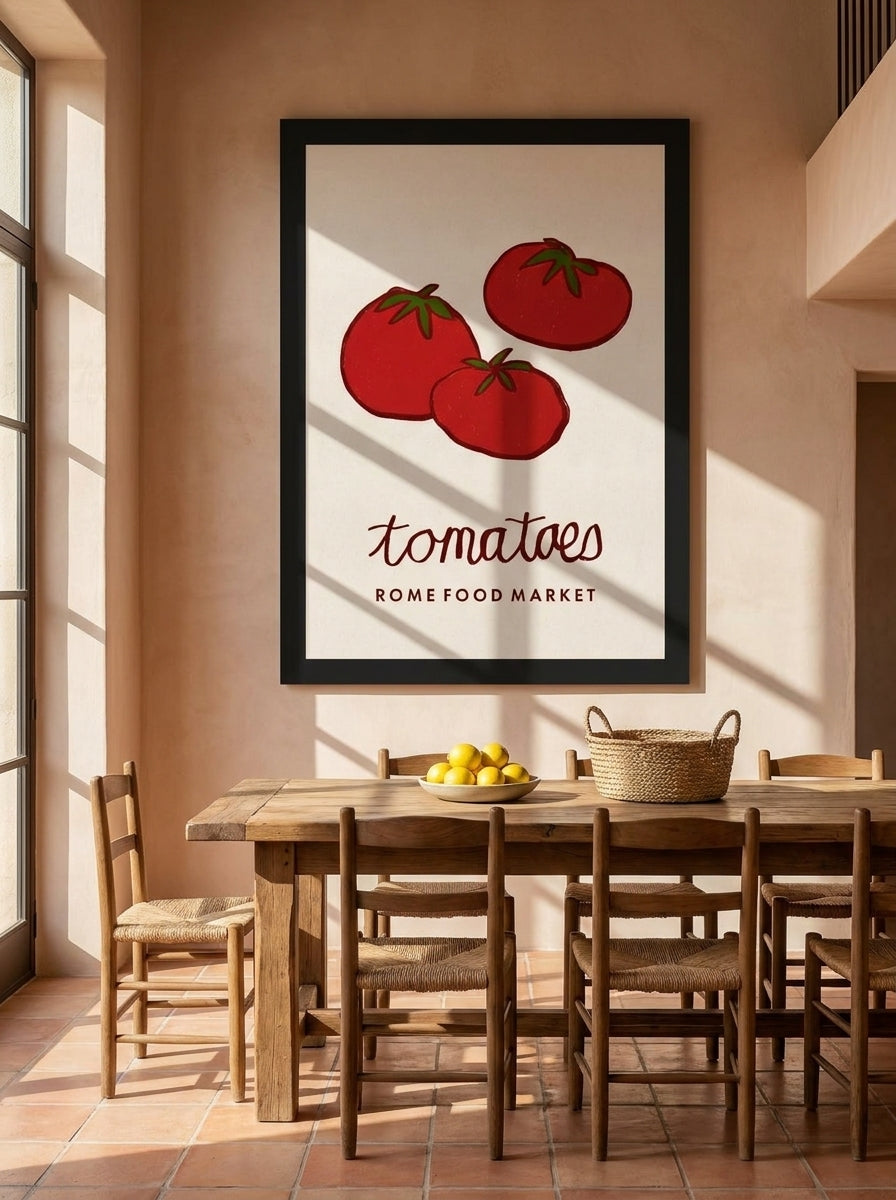 Oversized statement modern wall art print styled on the wall in a Mediterranean dining room