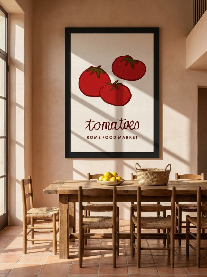 Oversized statement modern wall art print styled on the wall in a Mediterranean dining room