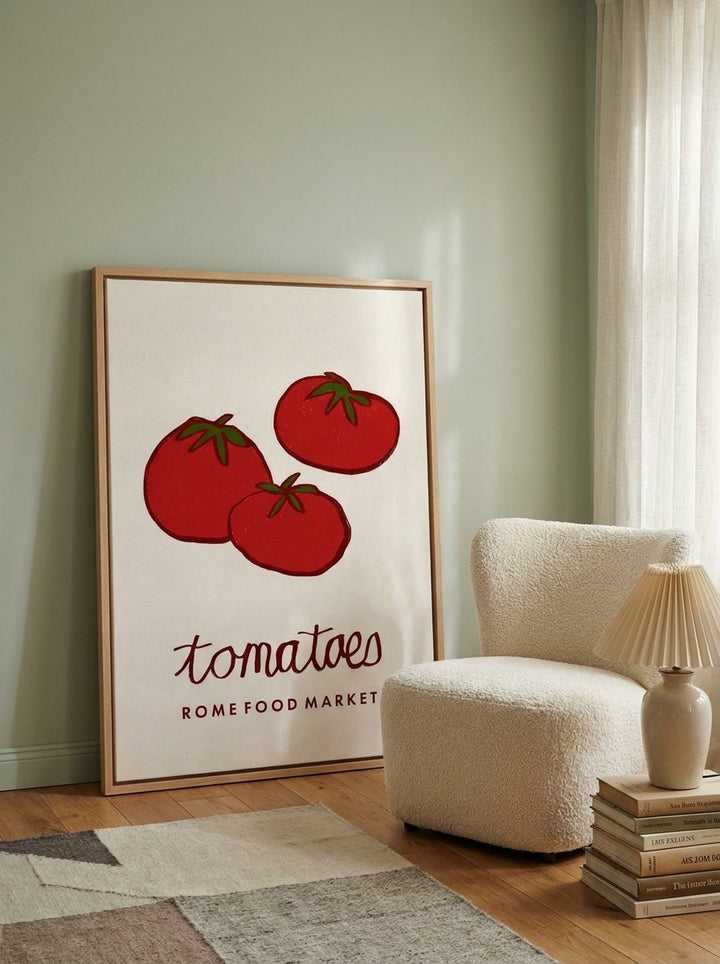 Oversized statement canvas wall art with a natural timber surround leaning against the wall in a mid-century dining room