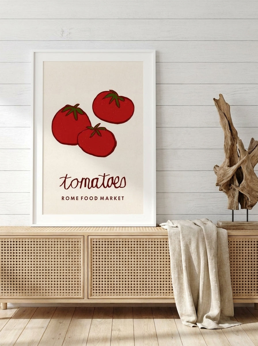 Modern wall art print standing on a sideboard in a coastal living room