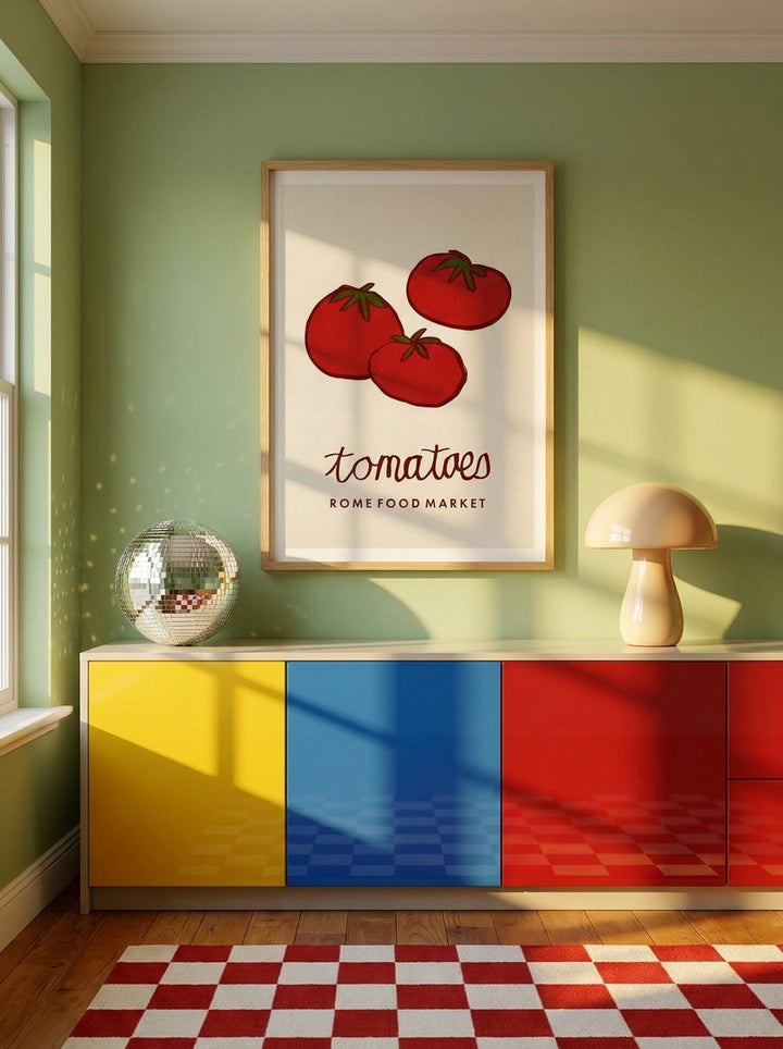 Modern wall art print styled on the wall in a colourful eclectic kitchen
