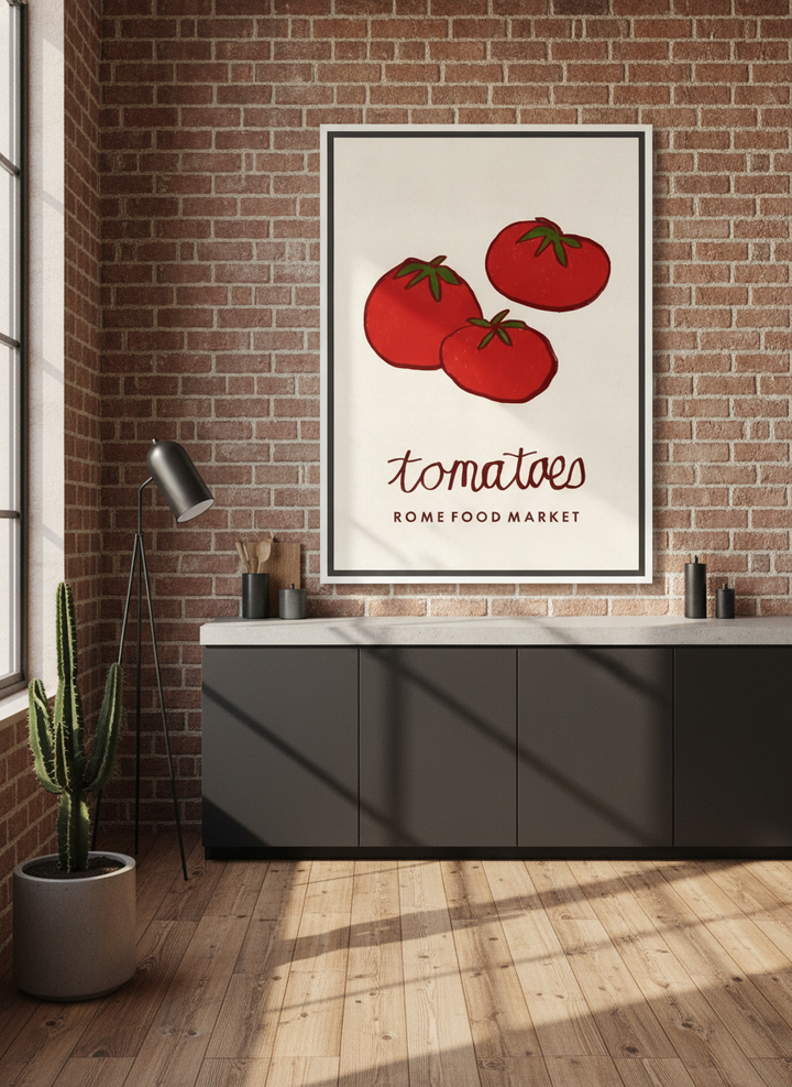 Canvas wall art with a white surround styled on the wall in an industrial loft kitchen