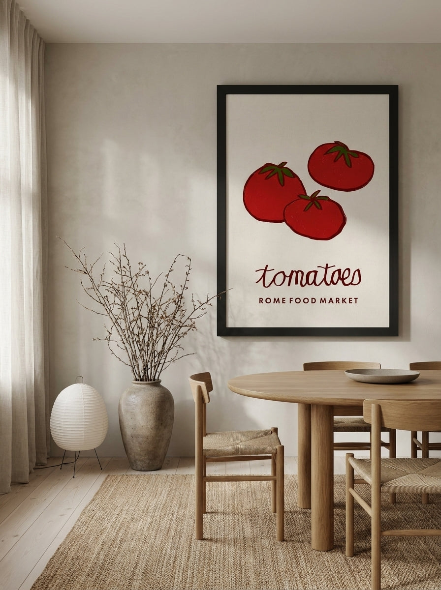 Oversized statement modern wall art print styled on the wall in a warm Japandi dining room