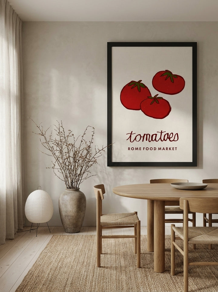 Oversized statement modern wall art print styled on the wall in a warm Japandi dining room