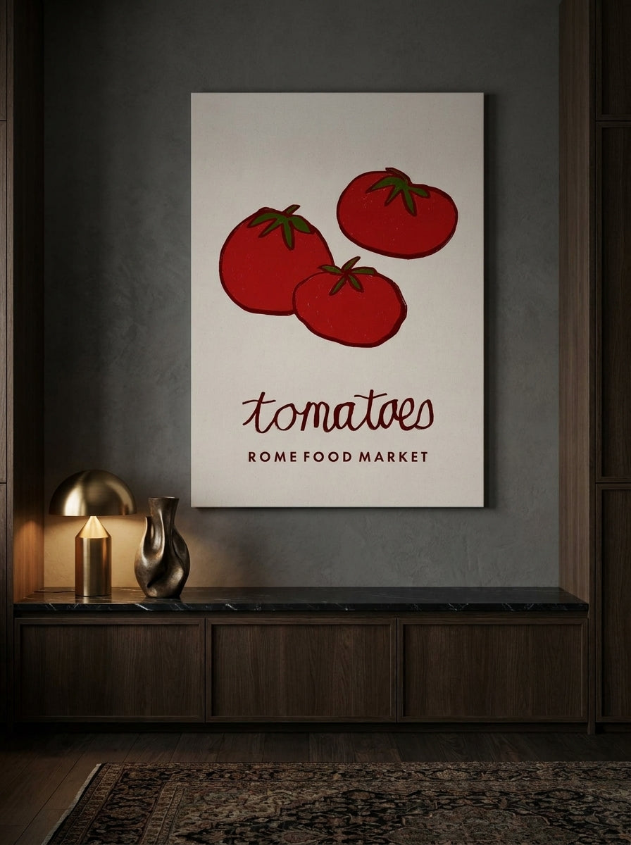 Stretched canvas wall art styled on the wall in a moody kitchen