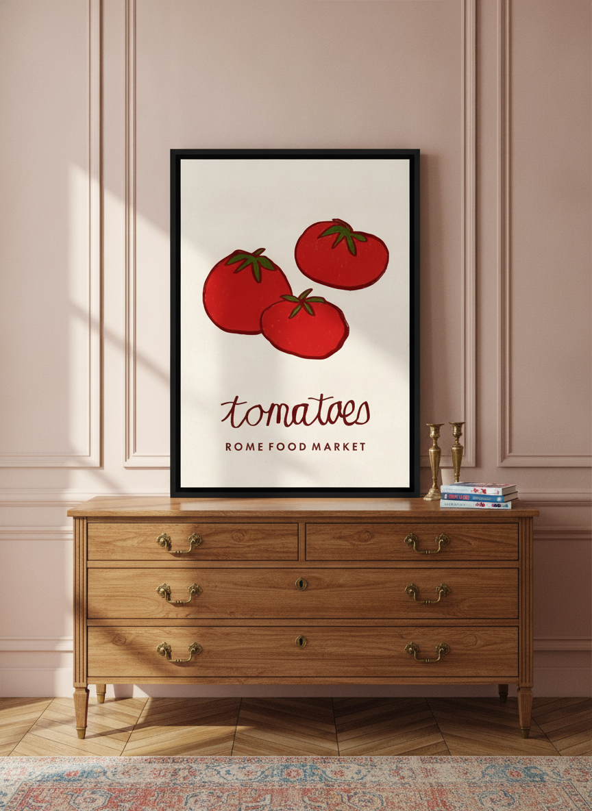 Canvas wall art with a black surround standing on a sideboard in a Parisian living room