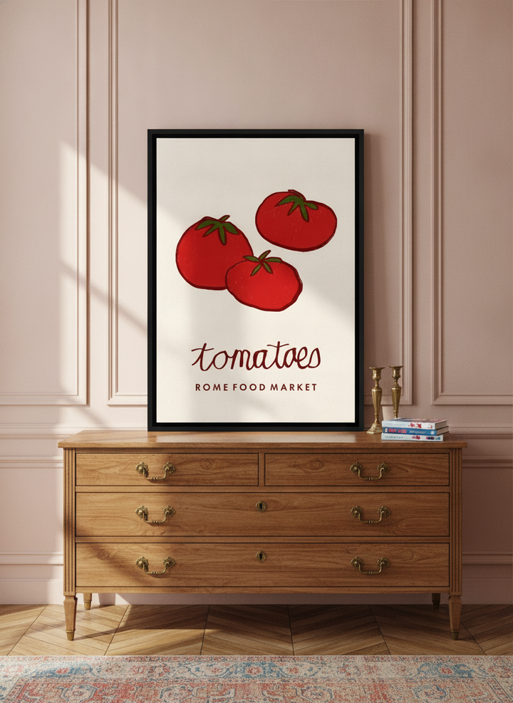 Canvas wall art with a black surround standing on a sideboard in a Parisian living room