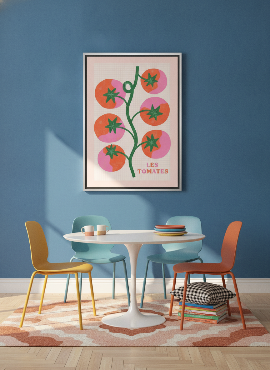 Canvas wall art with a silver leaf surround styled on the wall in a colourful eclectic dining room