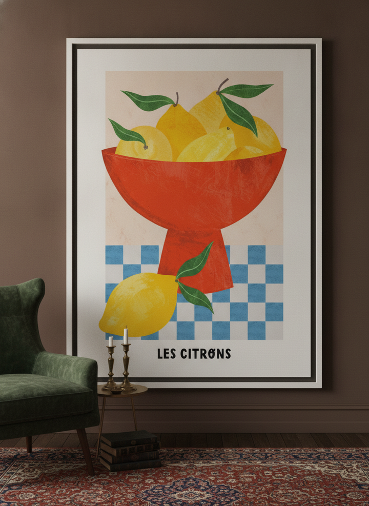 Oversized statement canvas wall art with a white surround leaning against the wall in a moody dining room