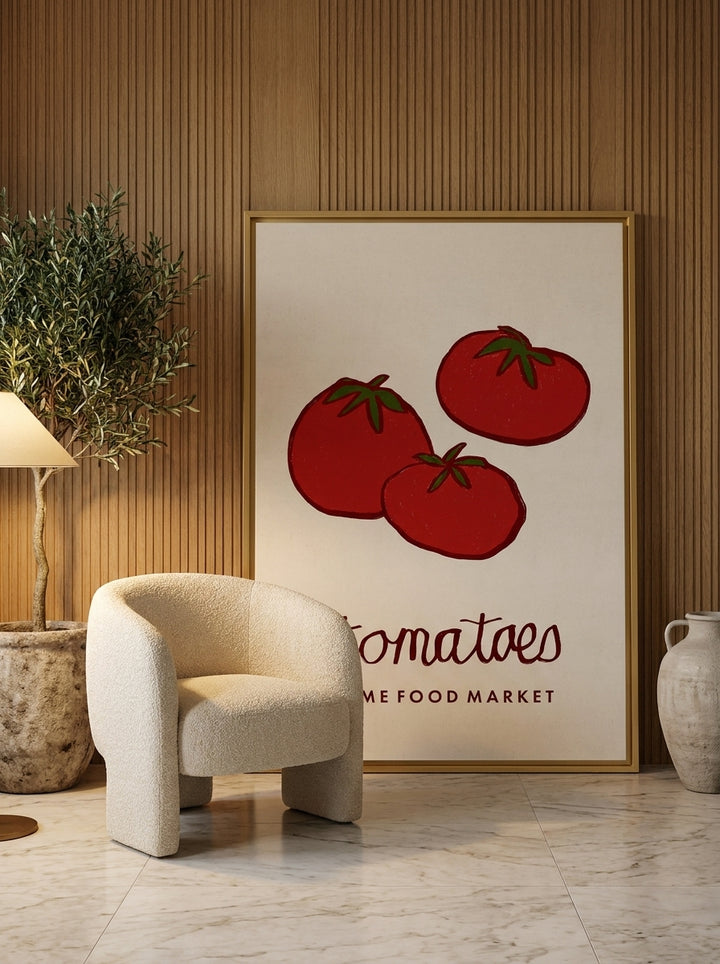 Oversized statement canvas wall art with a gold leaf surround leaning against the wall in a luxe dining room