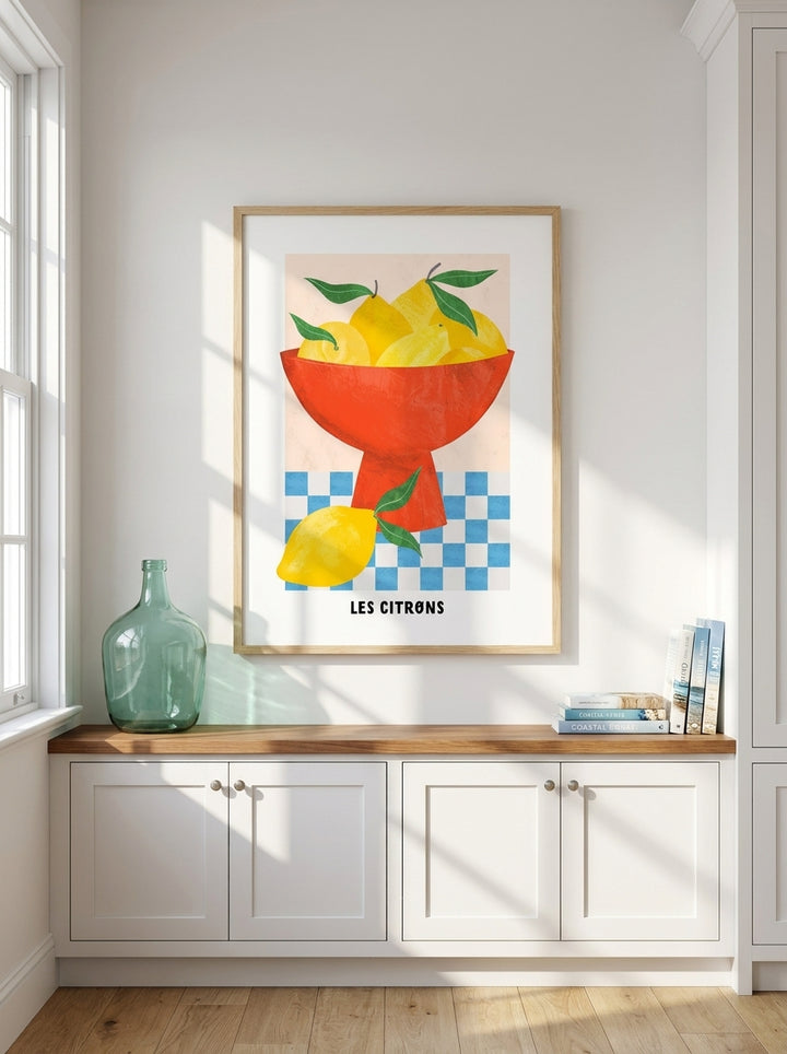 Modern wall art print styled on the wall in a coastal kitchen