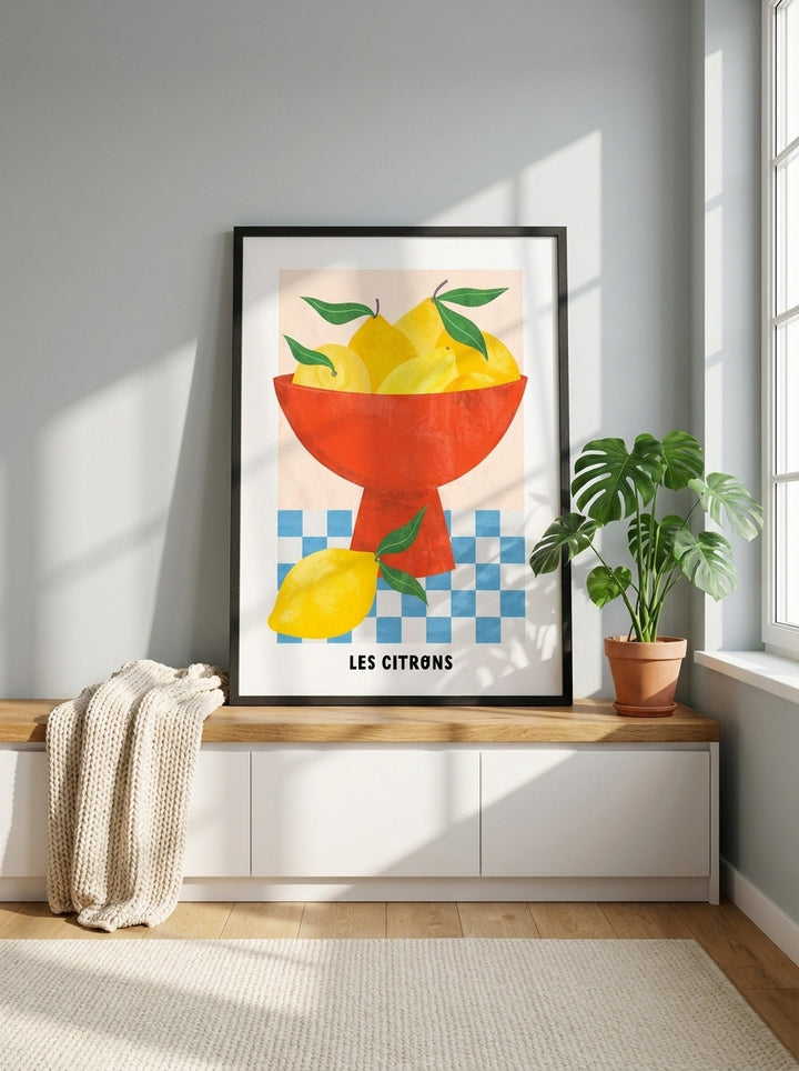 Modern wall art print standing on a kitchen bench in a bright Scandinavian kitchen