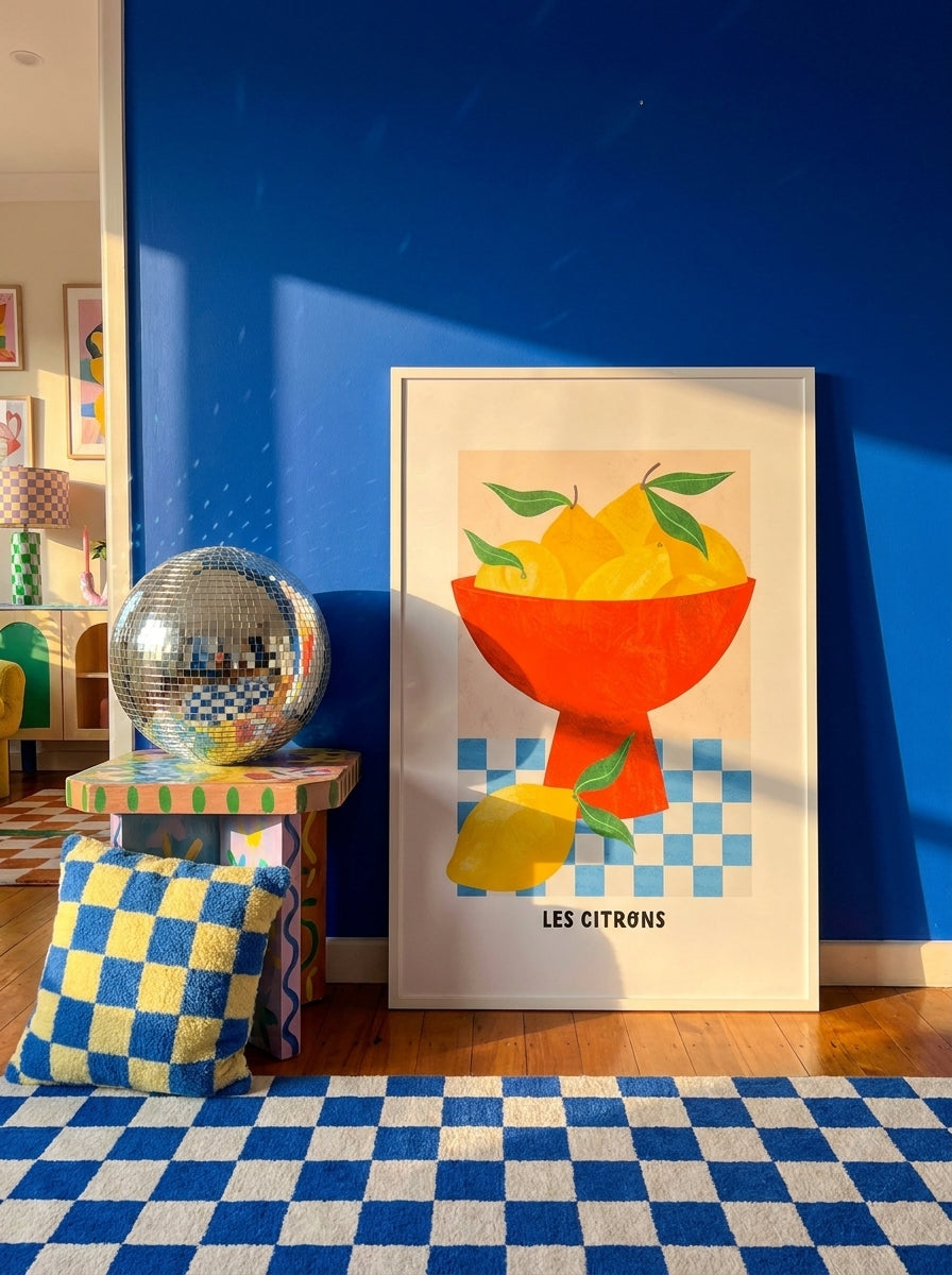 Modern wall art print standing on a side table in a colourful eclectic living room