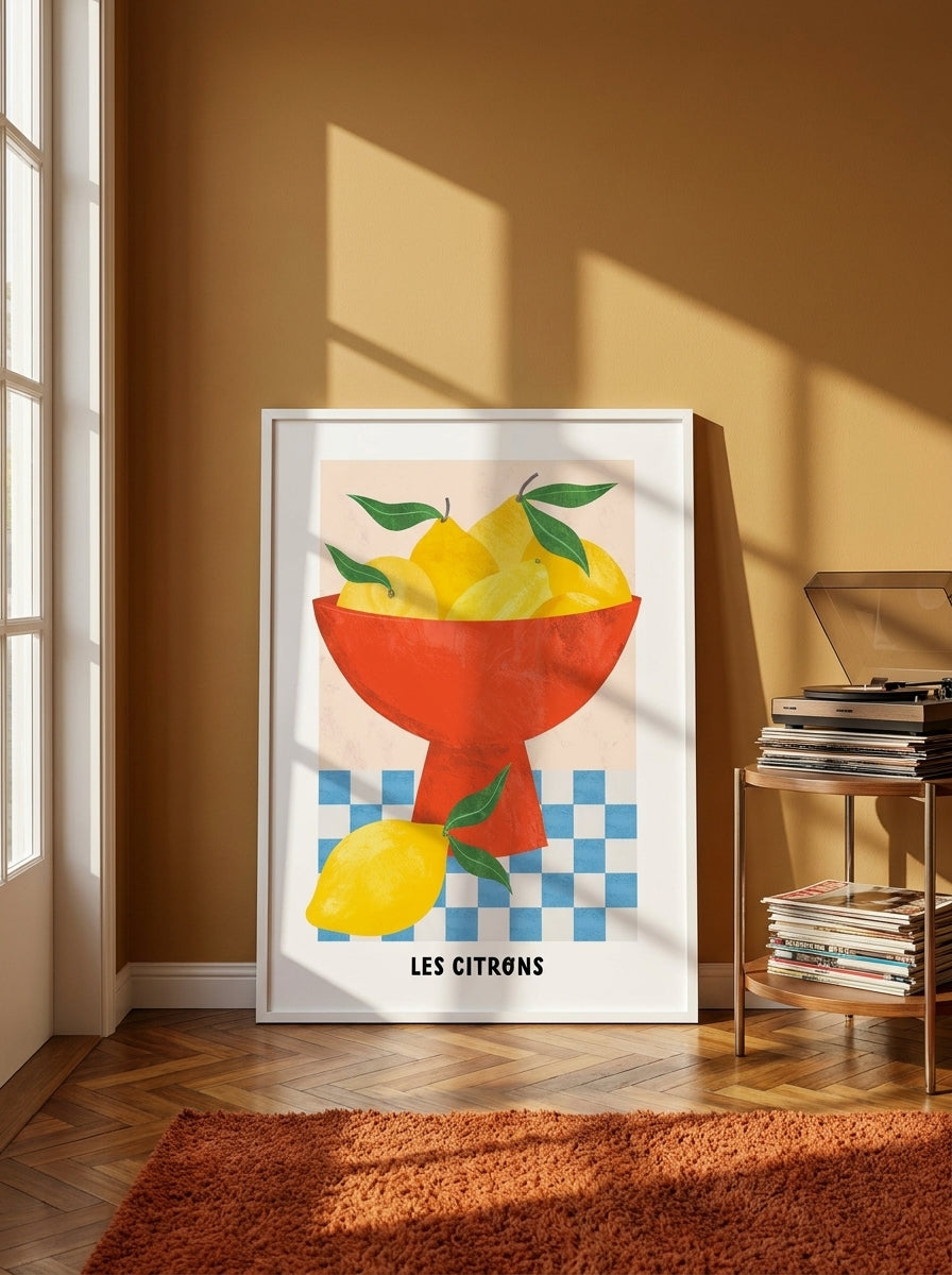Modern wall art print leaning against the wall in a retro 70s dining room