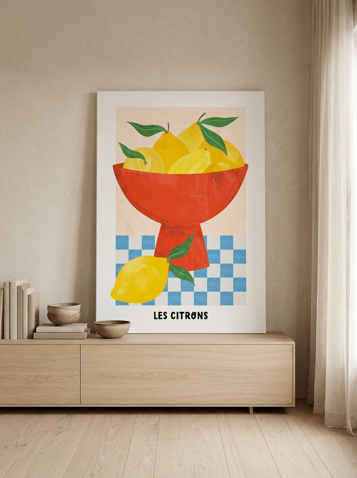 Stretched canvas wall art standing on a sideboard in a warm Japandi living room