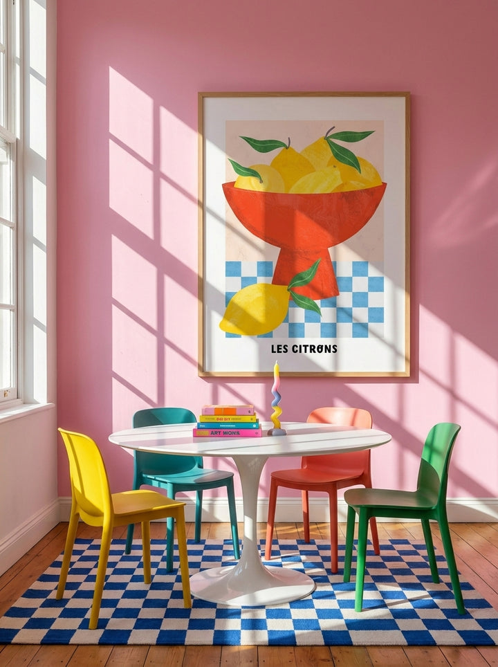 Oversized statement modern wall art print styled on the wall in a colourful eclectic dining room