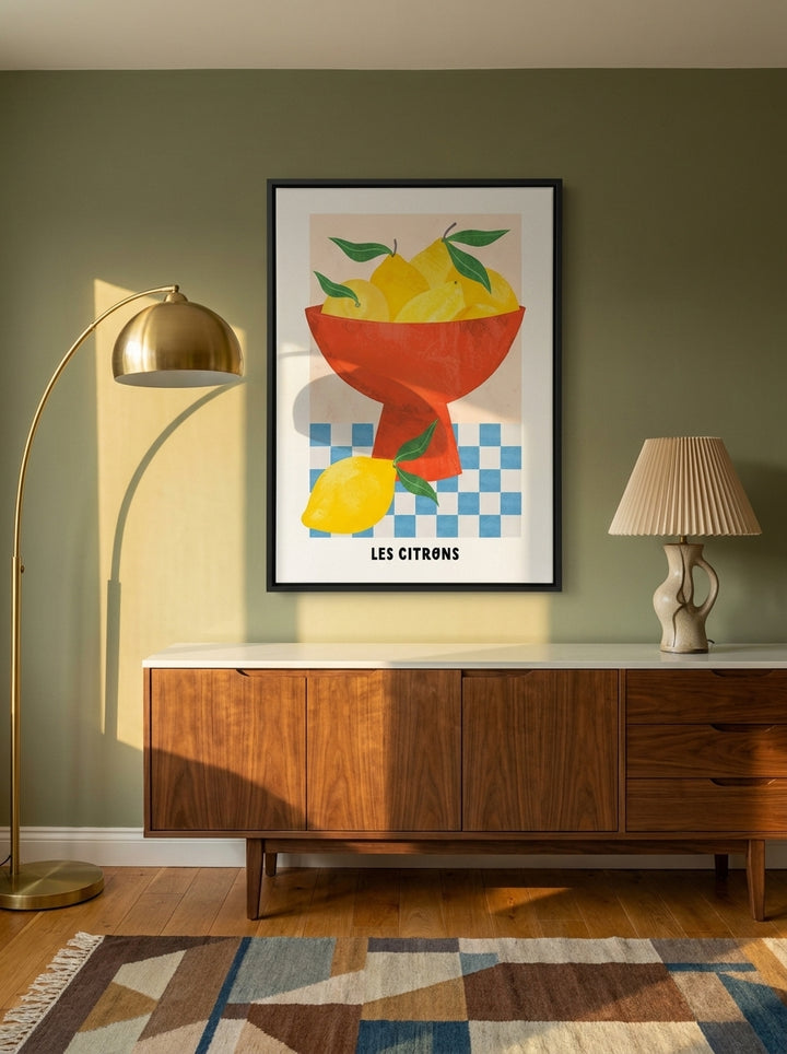 Canvas wall art with a black surround styled on the wall in a mid-century kitchen