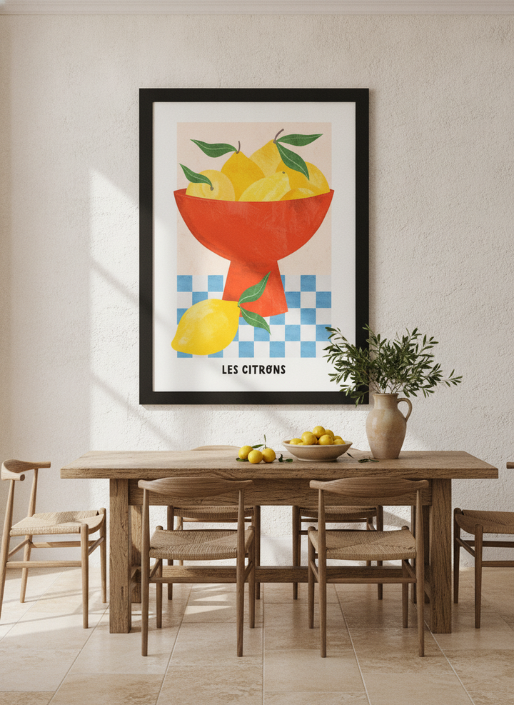 Oversized statement modern wall art print styled on the wall in a Mediterranean dining room