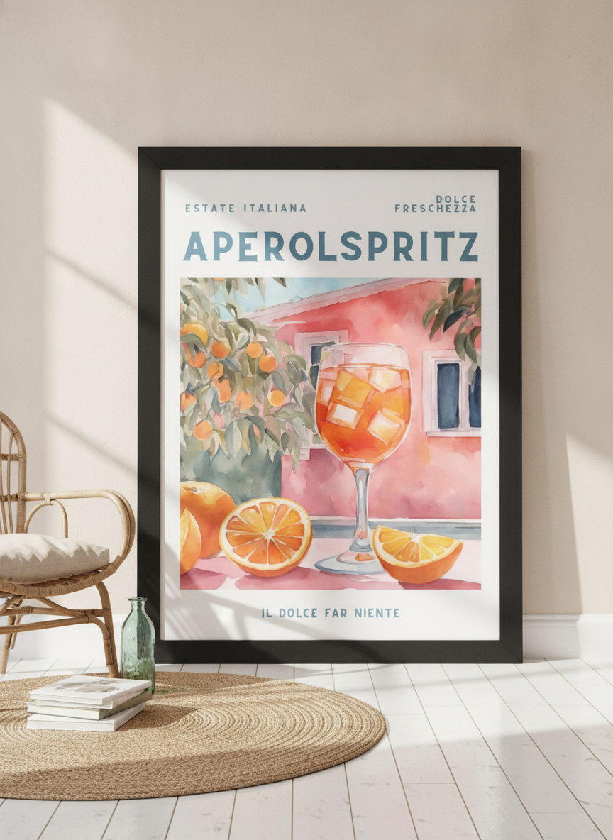 Oversized statement modern wall art print leaning against the wall in a coastal dining room