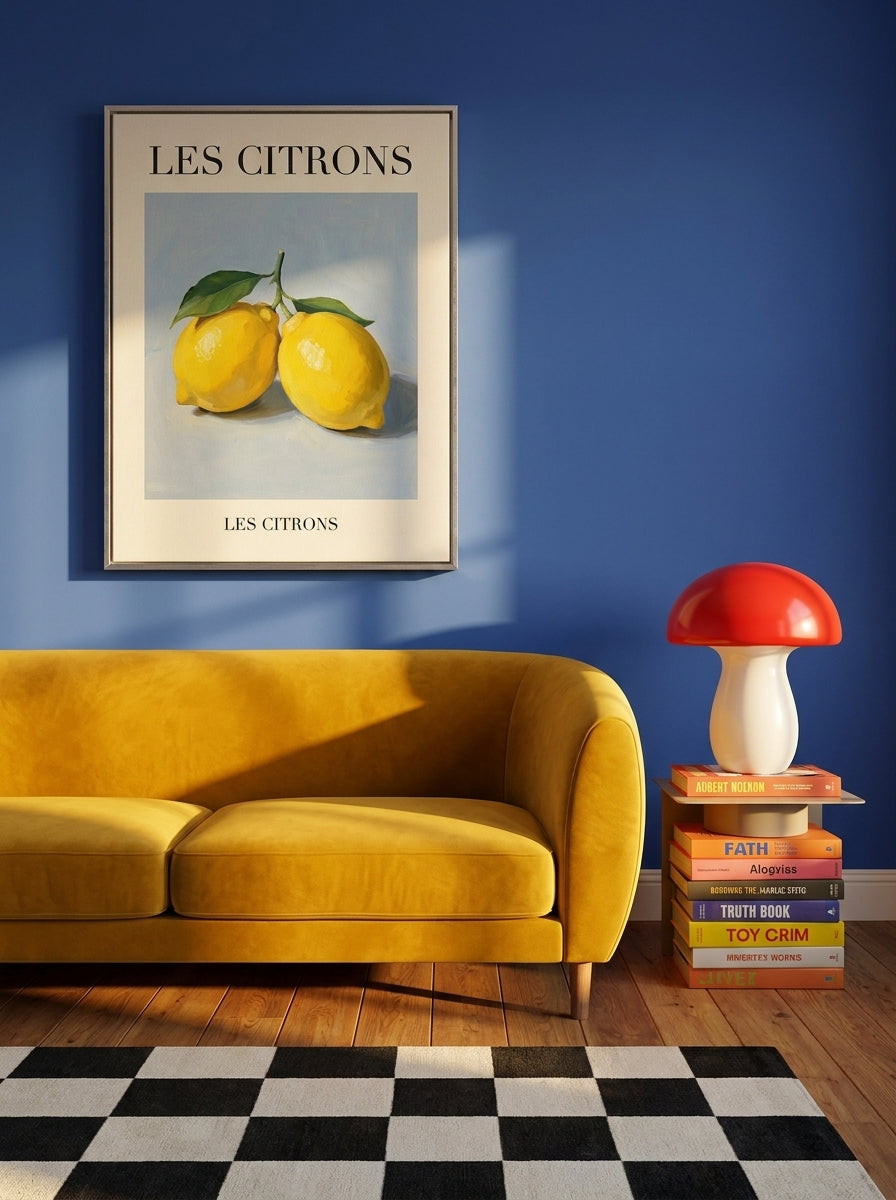 Canvas wall art with a silver leaf surround styled on the wall in a colourful eclectic living room
