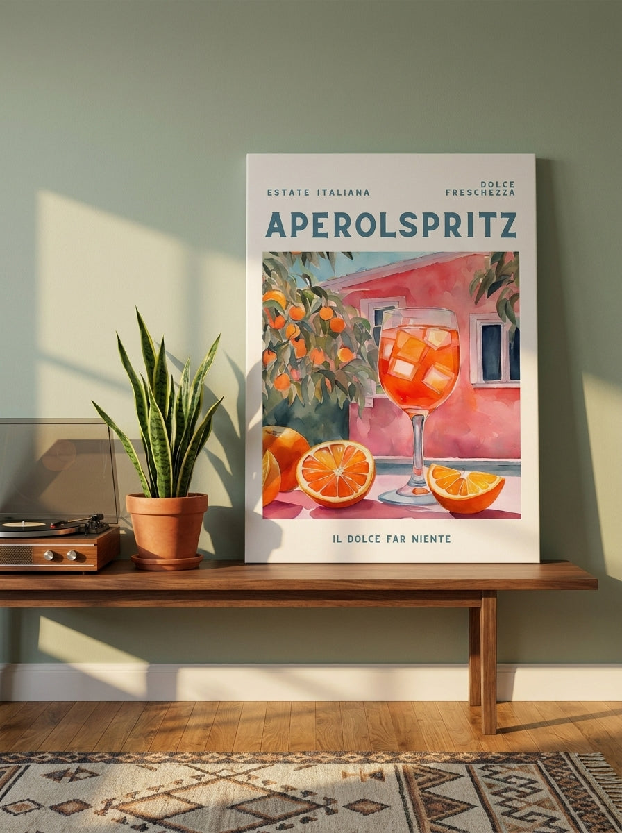 Stretched canvas wall art standing on a kitchen bench in a mid-century kitchen