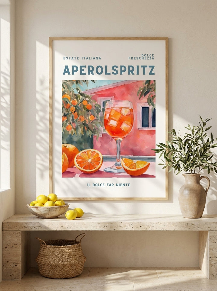 Modern wall art print styled on the wall in a Mediterranean kitchen