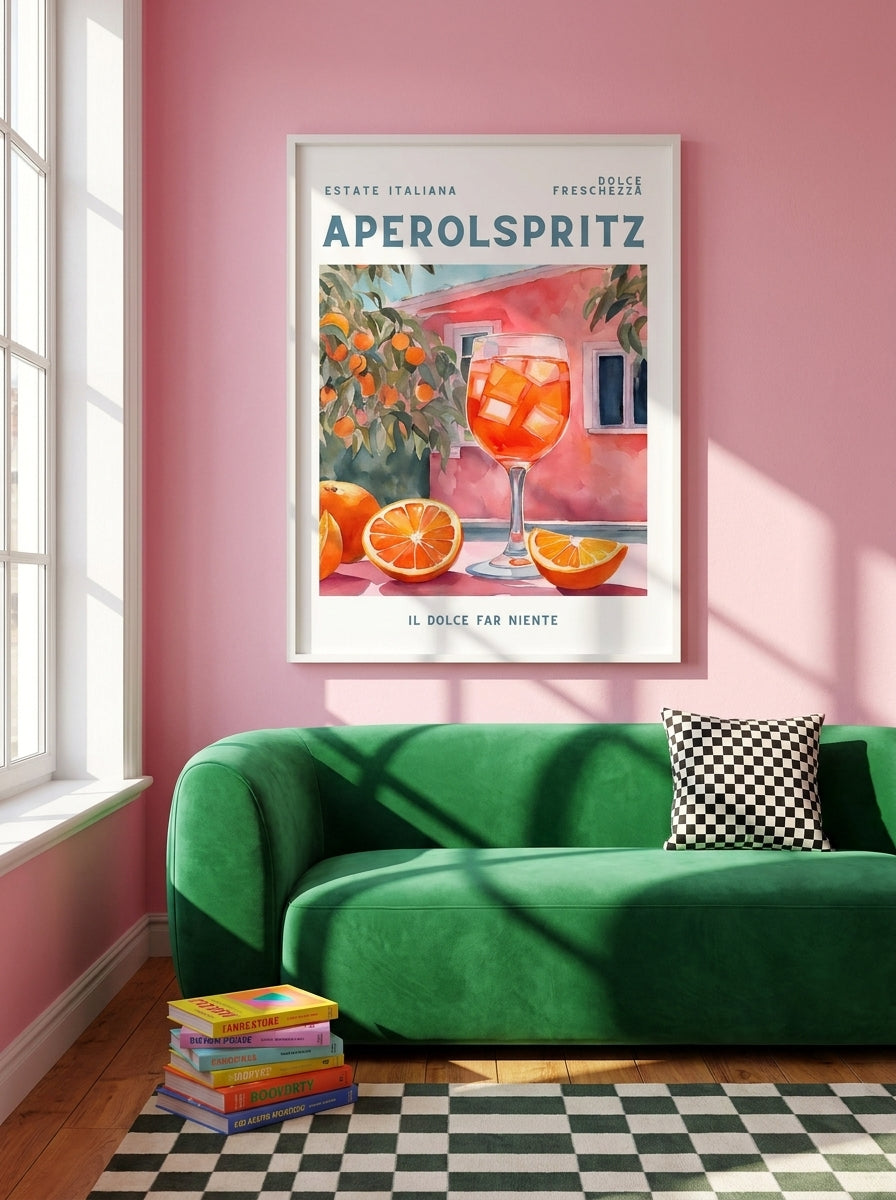 Modern wall art print styled on the wall in a colourful eclectic living room