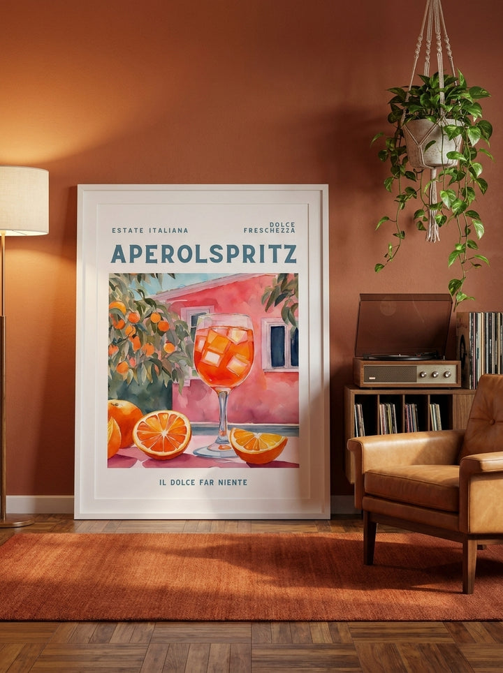 Modern wall art print leaning against the wall in a retro 70s living room
