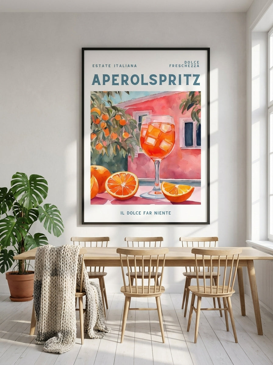 Oversized statement modern wall art print styled on the wall in a bright Scandinavian dining room