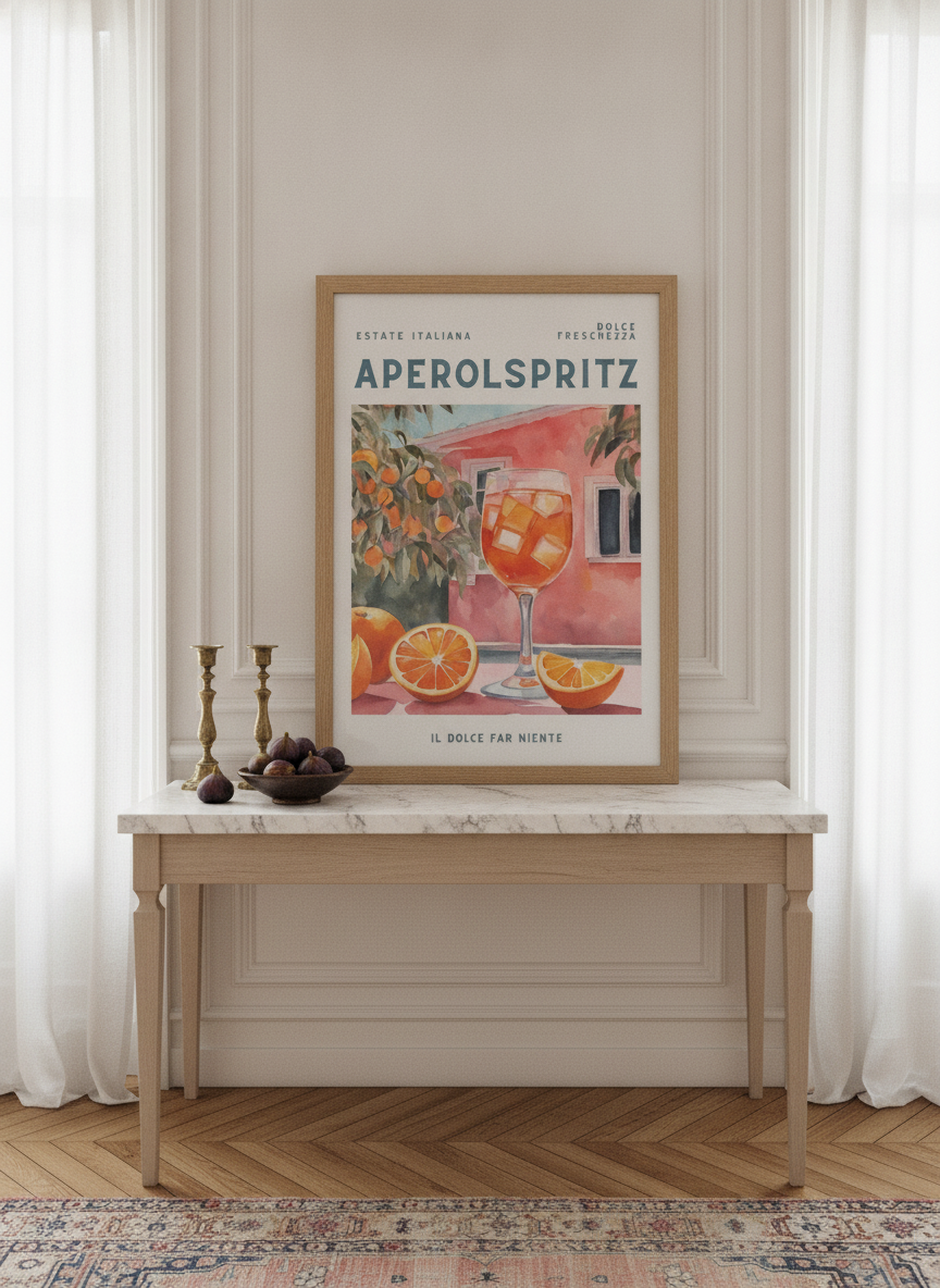 Modern wall art print standing on a kitchen bench in a Parisian kitchen