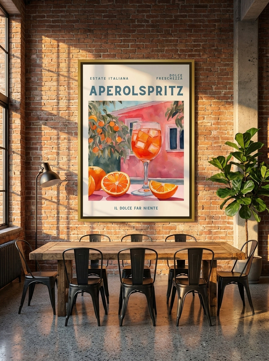 Oversized statement canvas wall art with a gold leaf surround styled on the wall in an industrial loft dining room